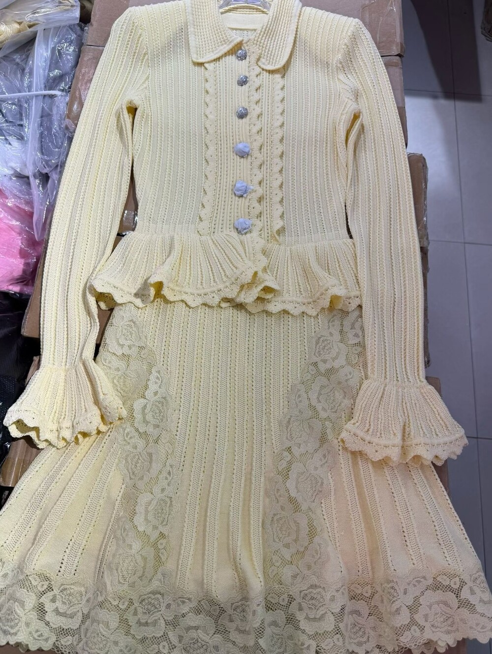 Self Portrait Yellow Pointelle Peplum Knit Mini Dress - Picture 6 of 7